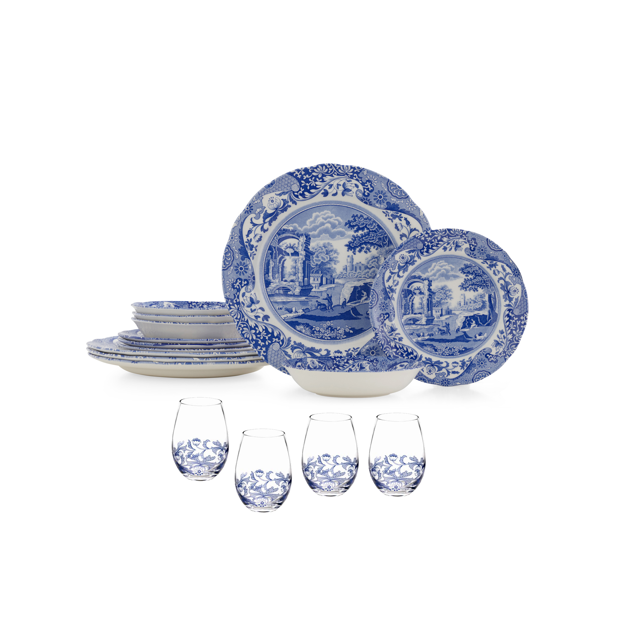 Blue Italian 16PC Set W/Stemless Wine glasses image number null